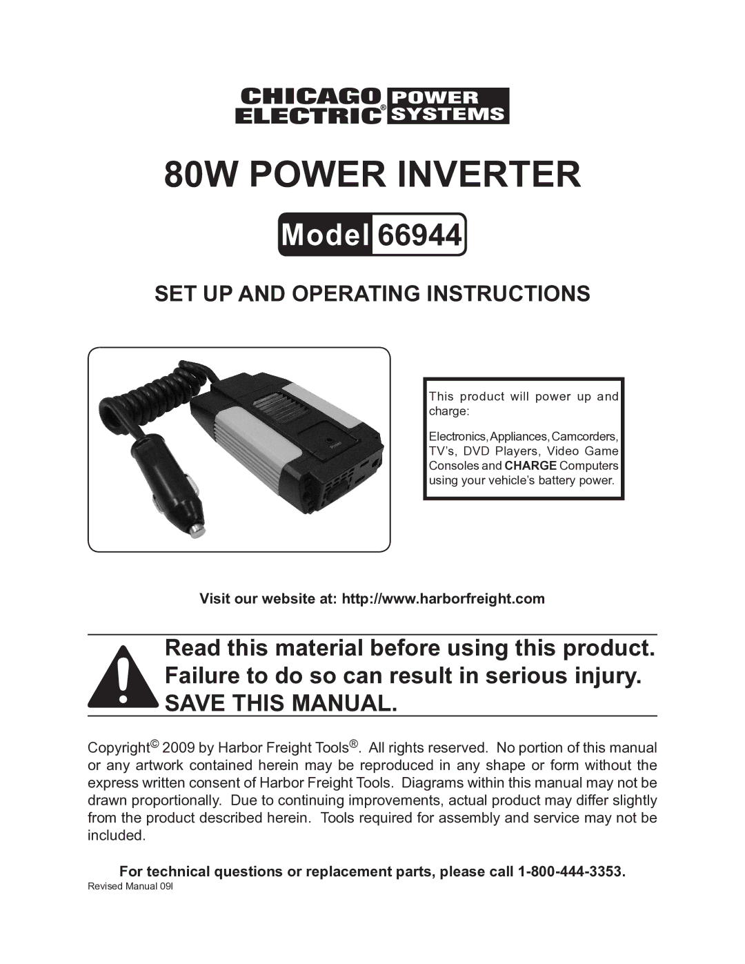 Chicago Electric 66944 operating instructions 80w pOWER iNVERTER 