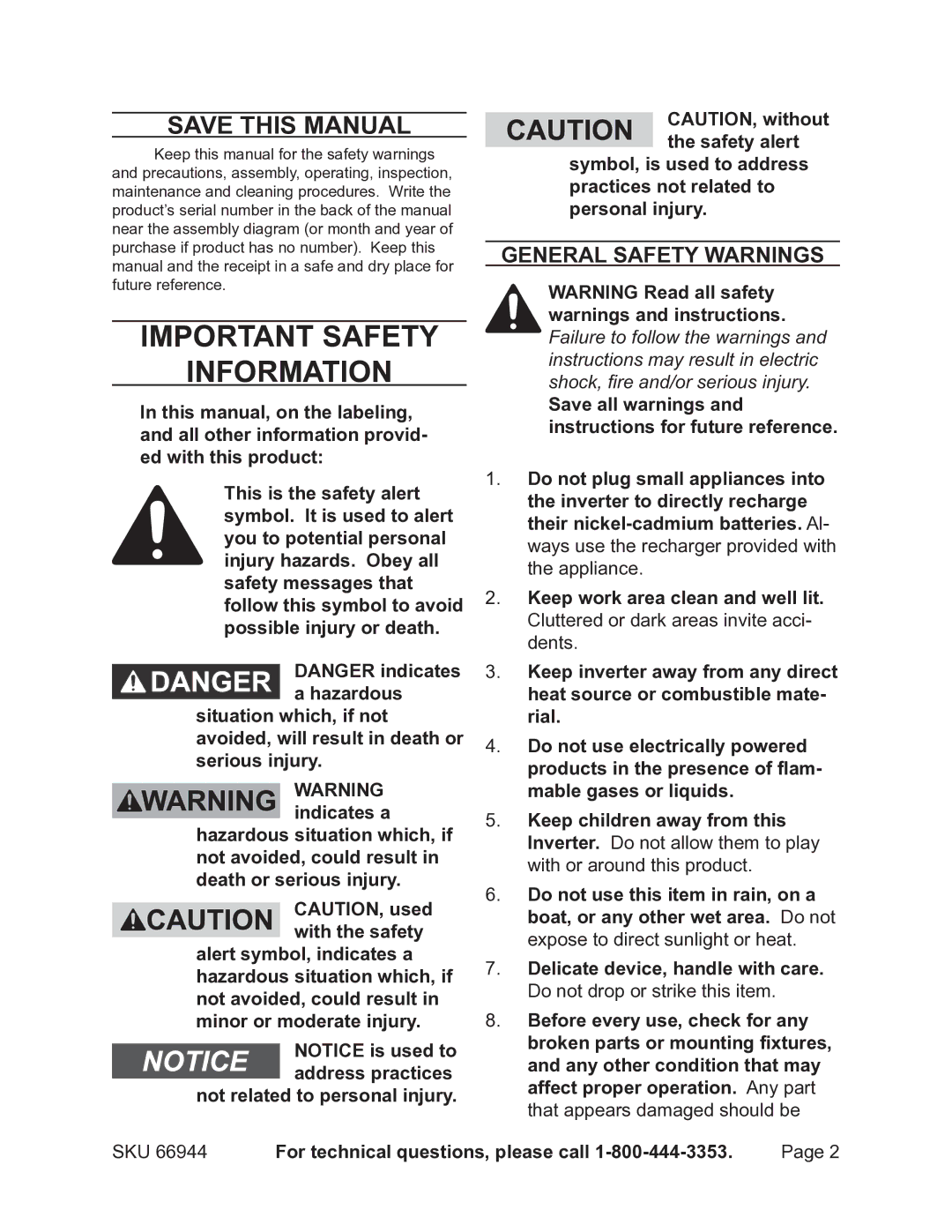 Chicago Electric 66944 operating instructions Save This Manual, General Safety Warnings 