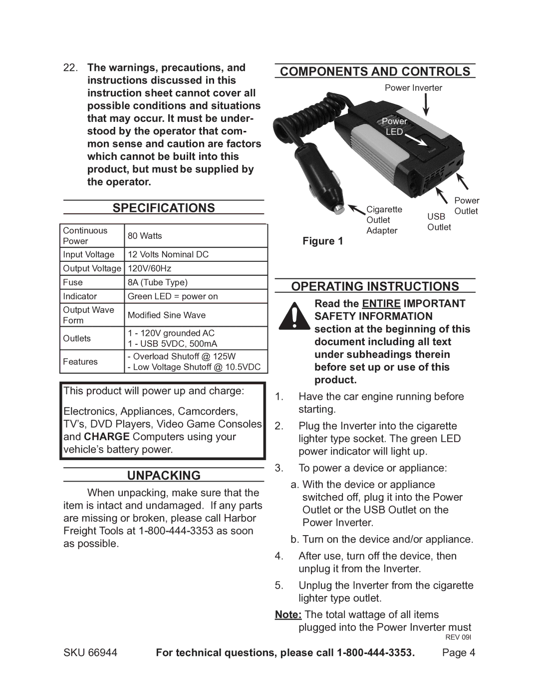 Chicago Electric 66944 operating instructions Specifications, Unpacking, Components and Controls, Operating Instructions 