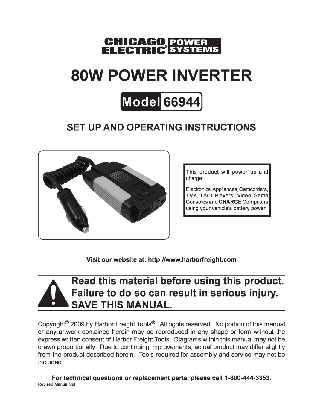 Chicago Electric 66944 operating instructions 80w pOWER iNVERTER, Set up and Operating Instructions 