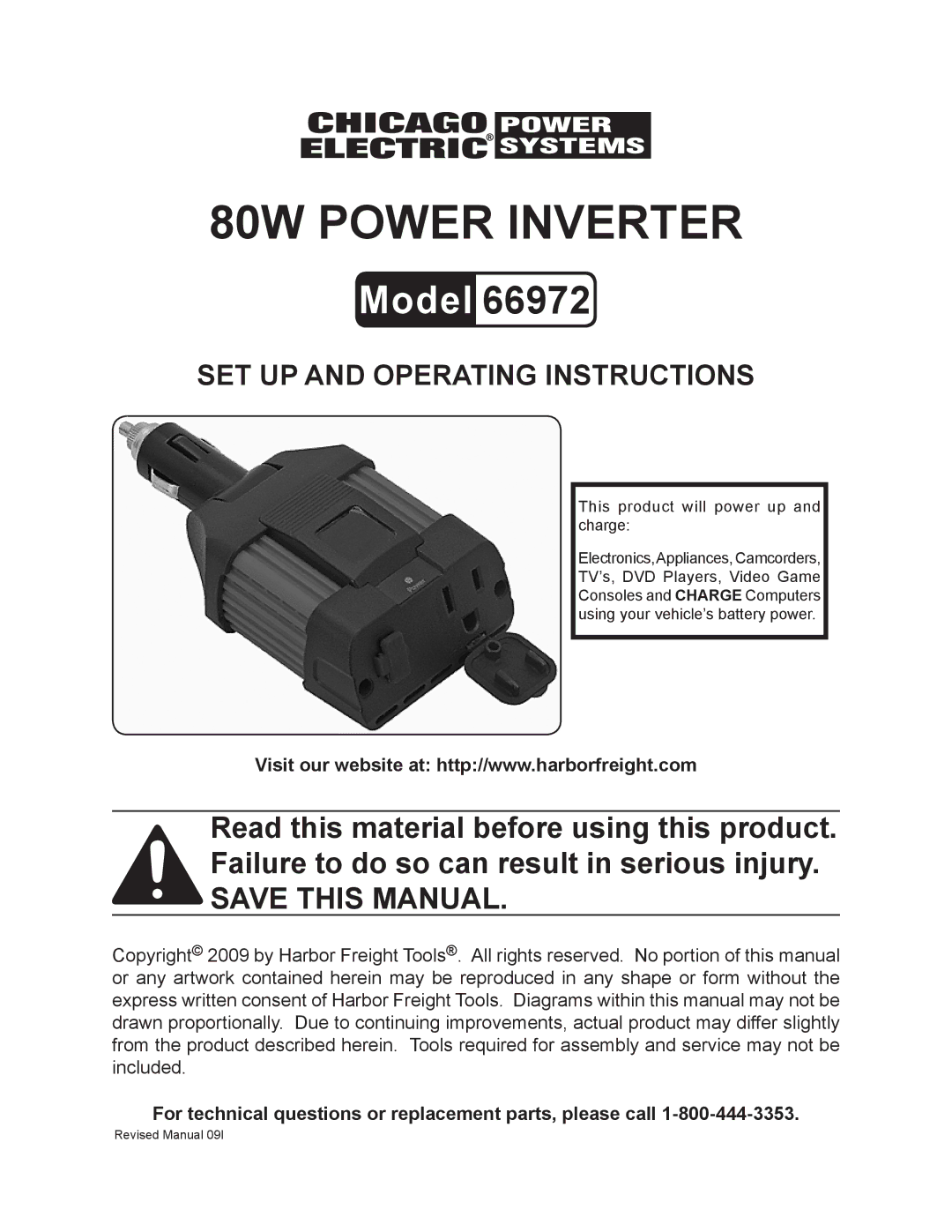 Chicago Electric 66972 operating instructions 80w pOWER iNVERTER 