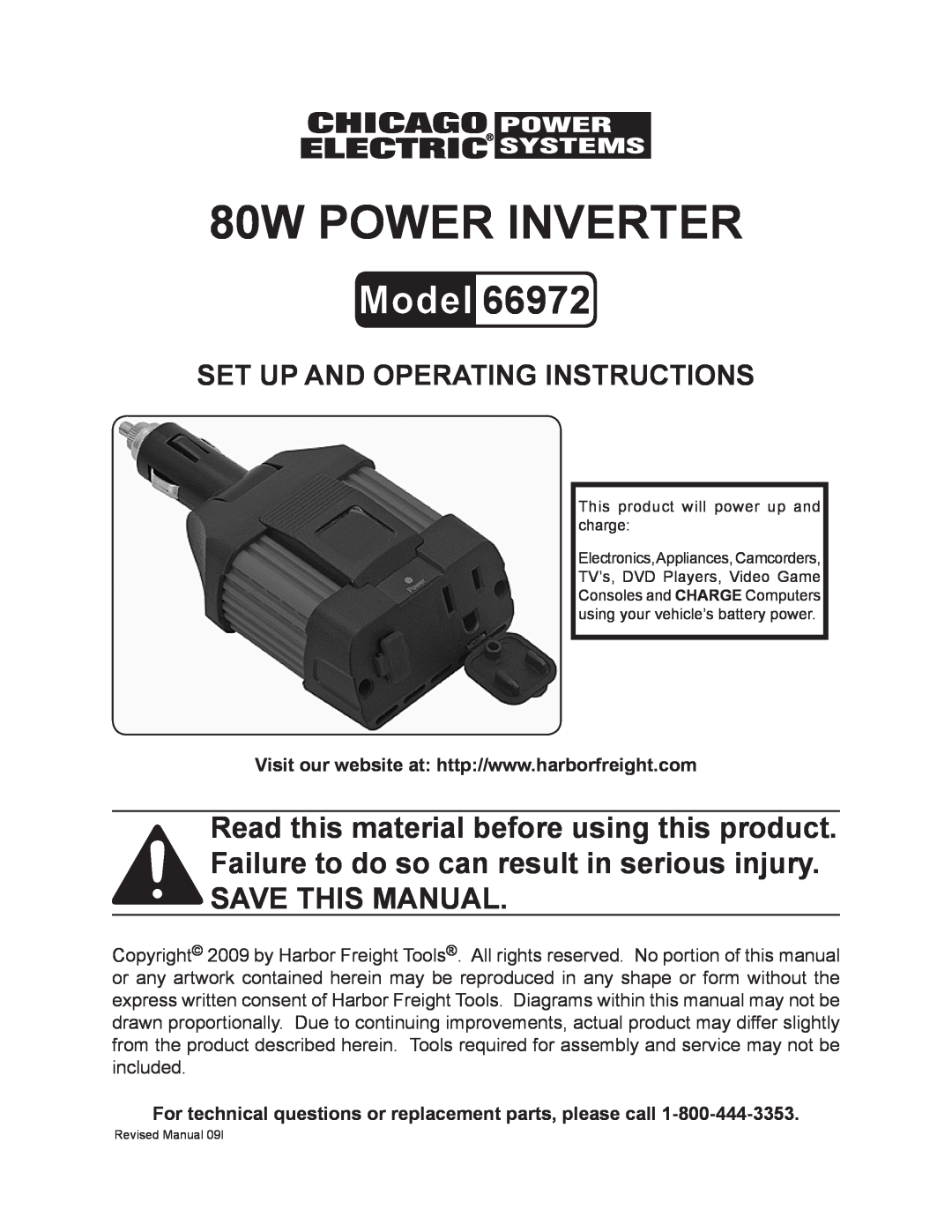 Chicago Electric 66972 operating instructions 80w pOWER iNVERTER, Set up and Operating Instructions 