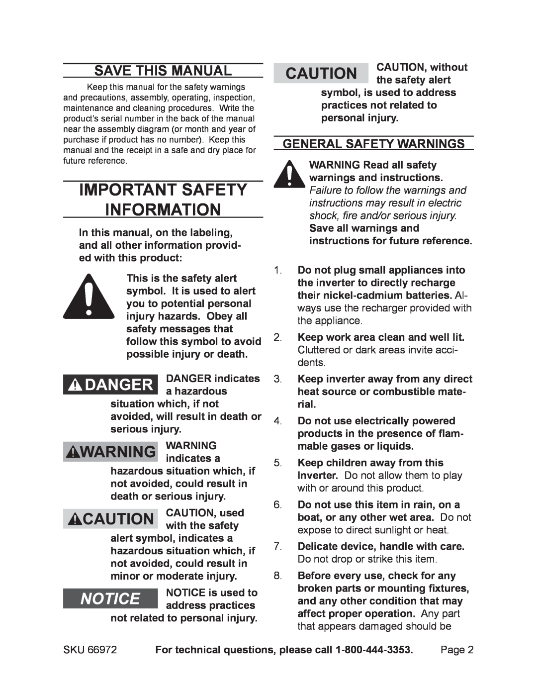 Chicago Electric 66972 operating instructions Important SAFETY Information, General Safety Warnings, Save This Manual 