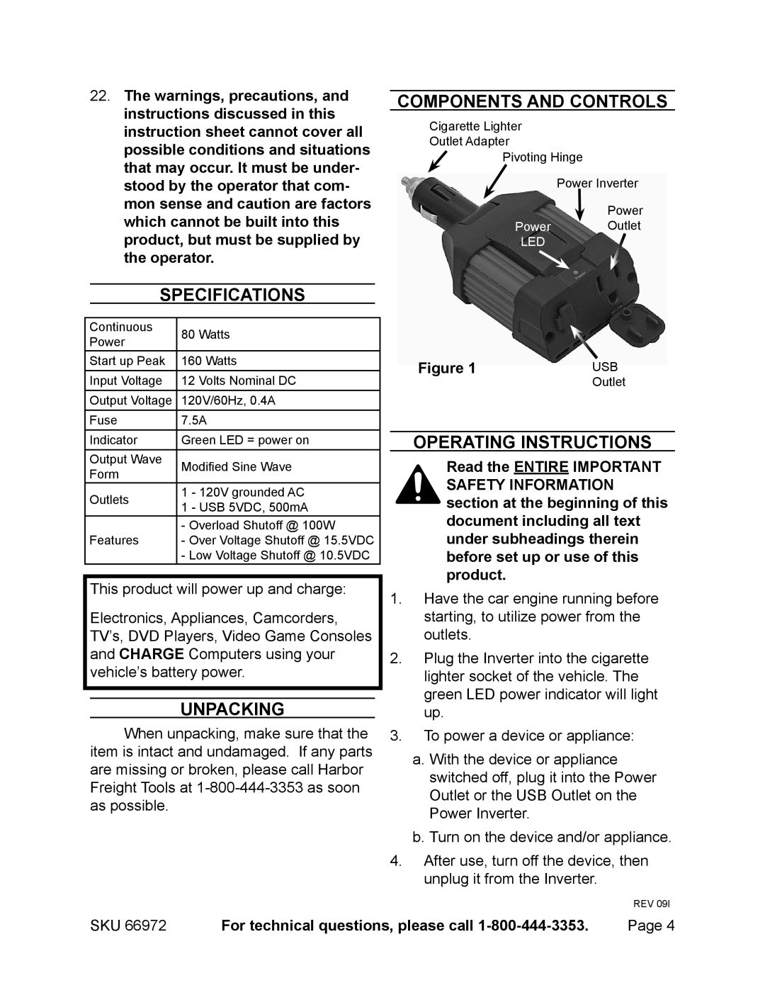 Chicago Electric 66972 operating instructions Components and Controls, Specifications, Unpacking, OPERATING Instructions 