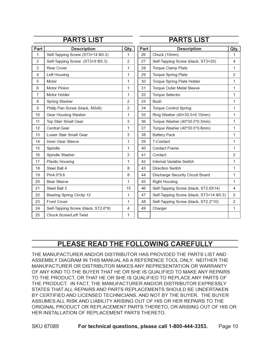 Chicago Electric 67089 operating instructions Parts List, Part Description Qty 