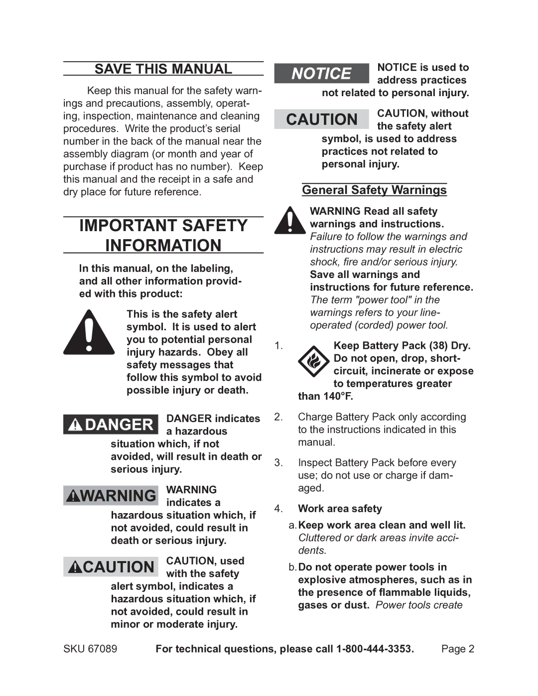 Chicago Electric 67089 operating instructions Save This Manual, General Safety Warnings 