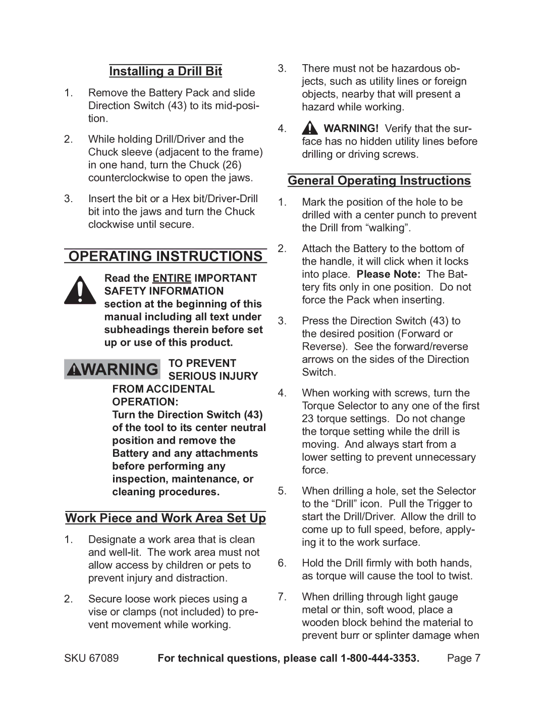 Chicago Electric 67089 Operating Instructions, Installing a Drill Bit, Work Piece and Work Area Set Up 