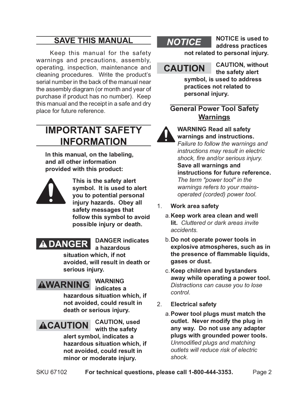 Chicago Electric 67102 operating instructions Save This Manual, General Power Tool Safety 