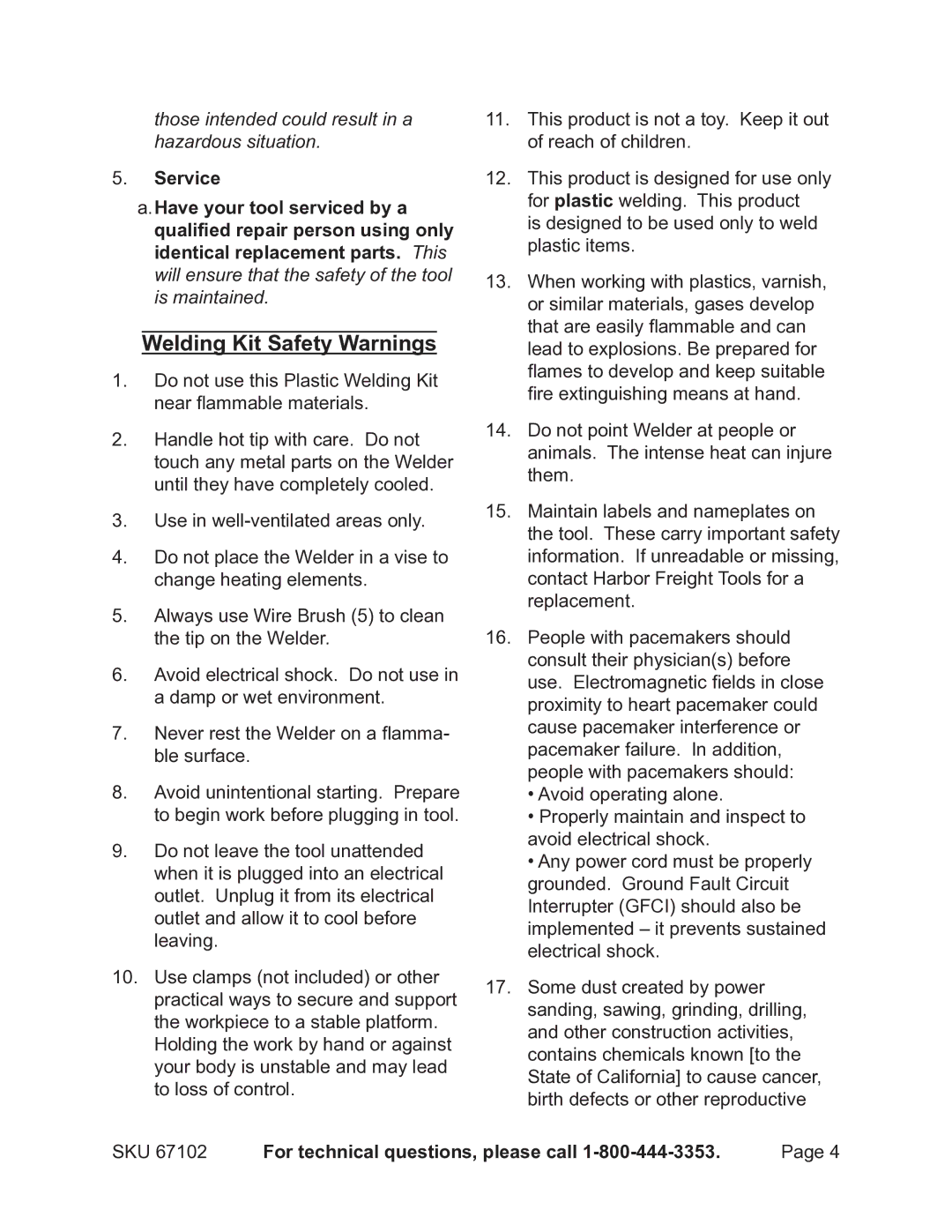 Chicago Electric 67102 operating instructions Welding Kit Safety Warnings 