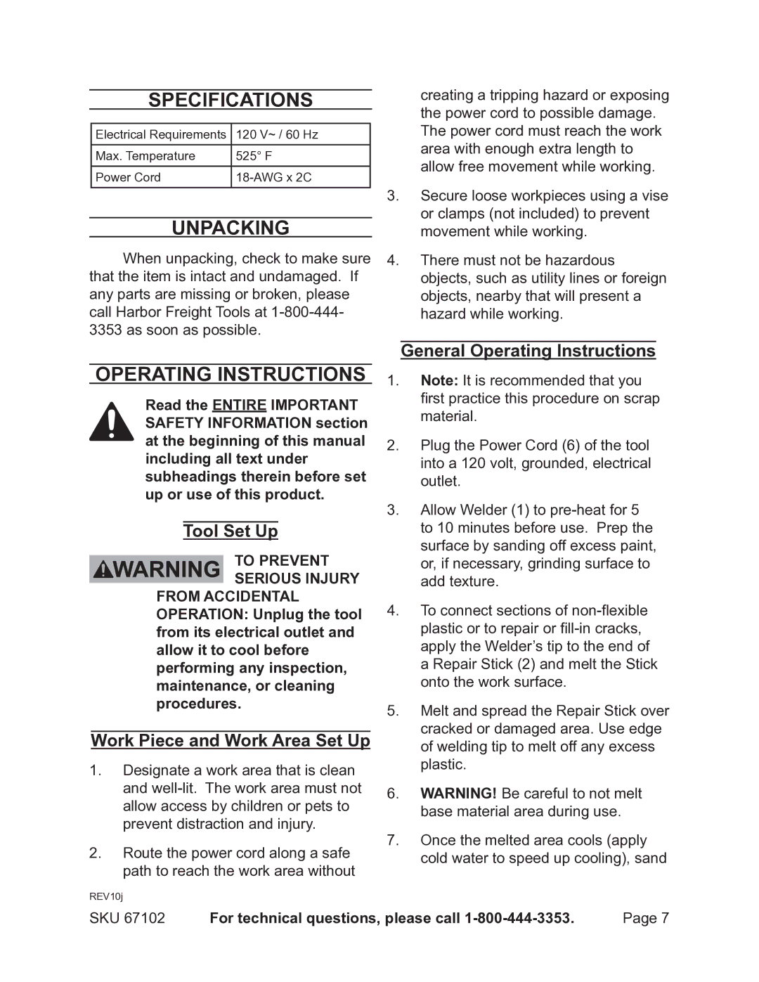 Chicago Electric 67102 operating instructions Specifications, Unpacking, Operating Instructions 