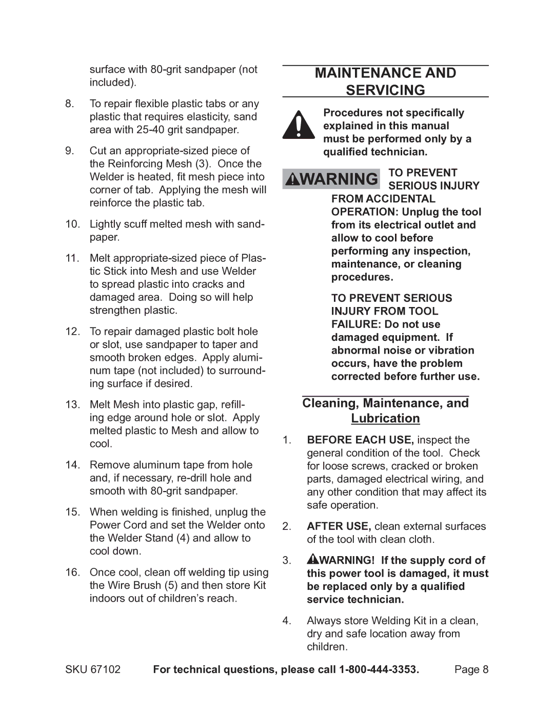 Chicago Electric 67102 operating instructions Maintenance Servicing, Cleaning, Maintenance, Lubrication 