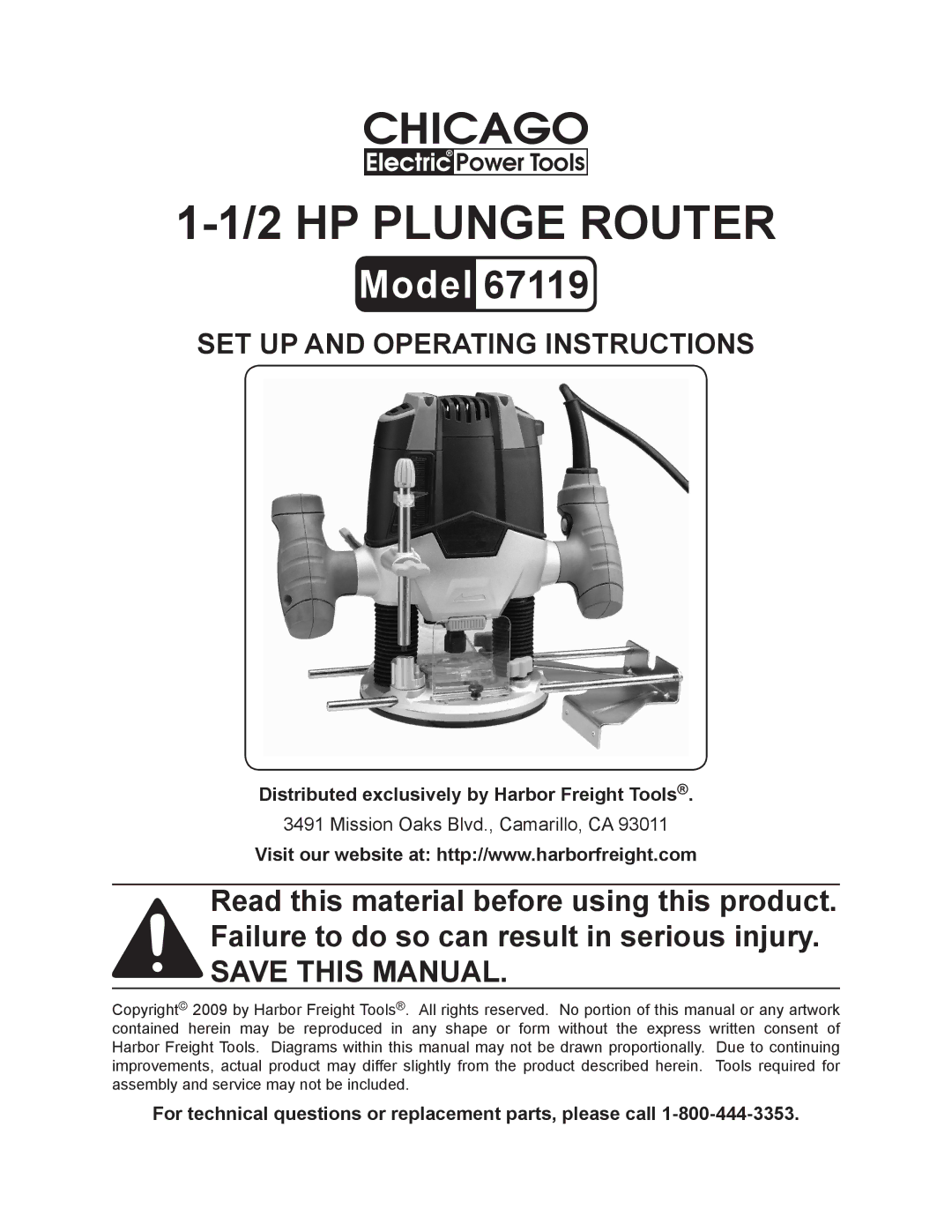 Chicago Electric 67119 operating instructions Distributed exclusively by Harbor Freight Tools 