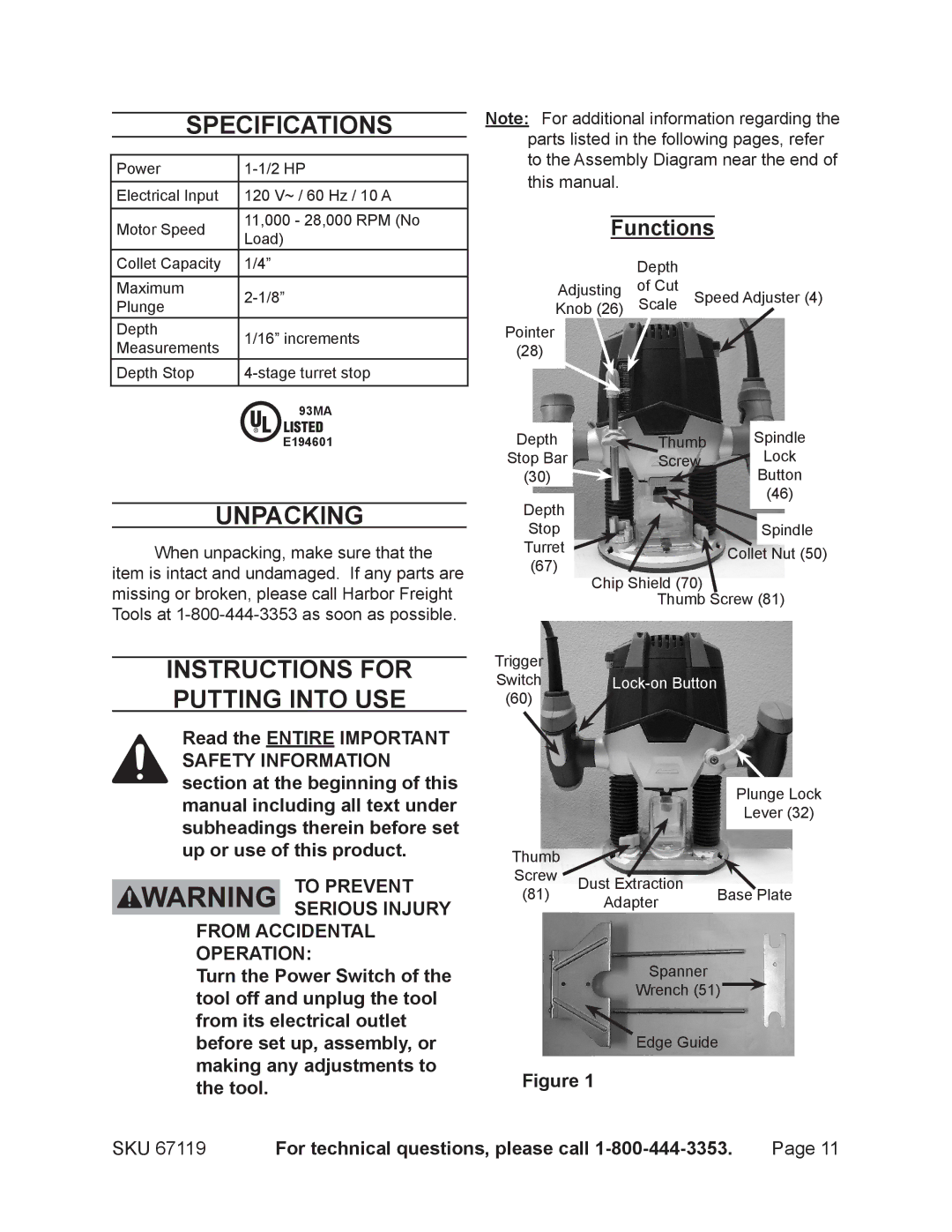 Chicago Electric 67119 operating instructions Specifications, Unpacking, Instructions for putting into use, Functions 