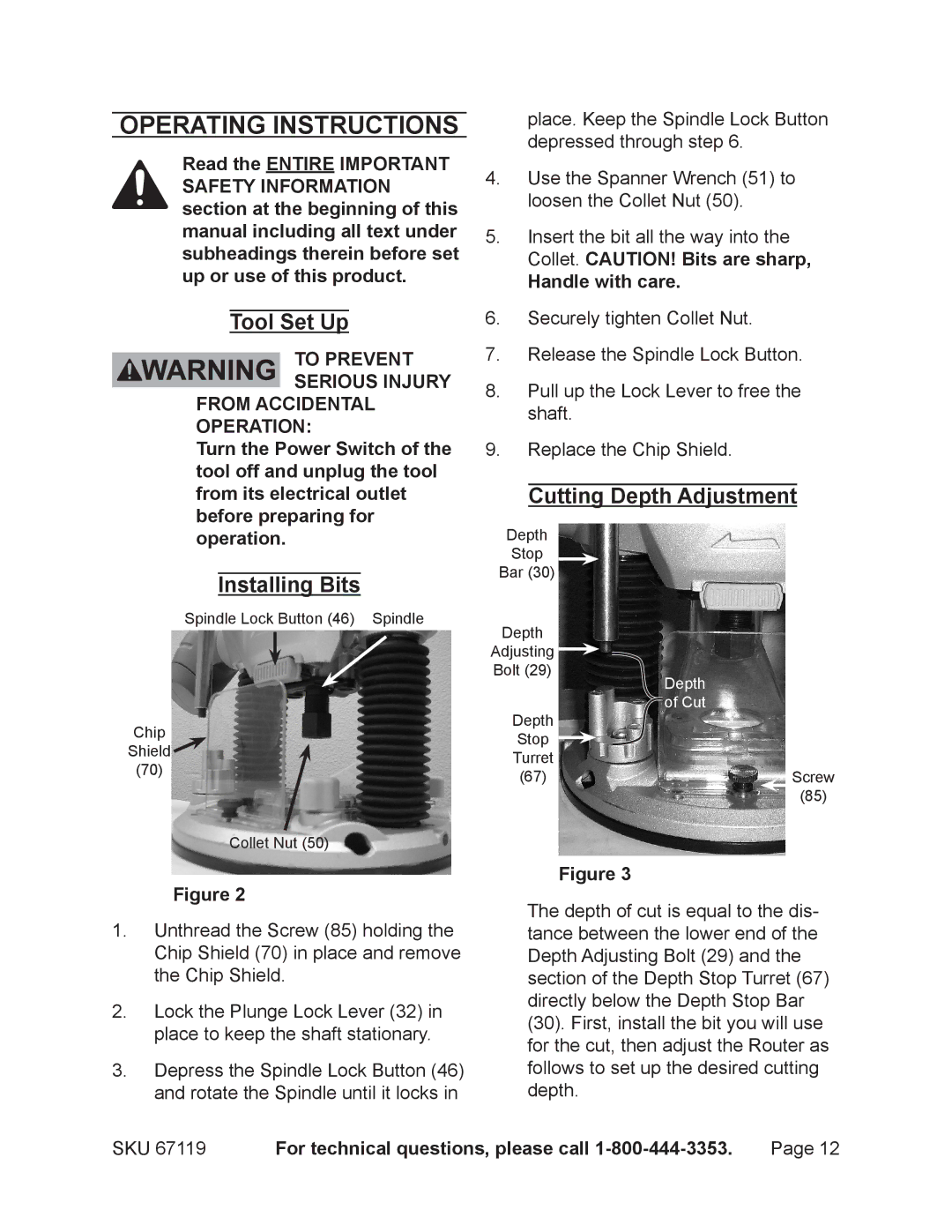 Chicago Electric 67119 Operating Instructions, Tool Set Up, Cutting Depth Adjustment, Installing Bits 