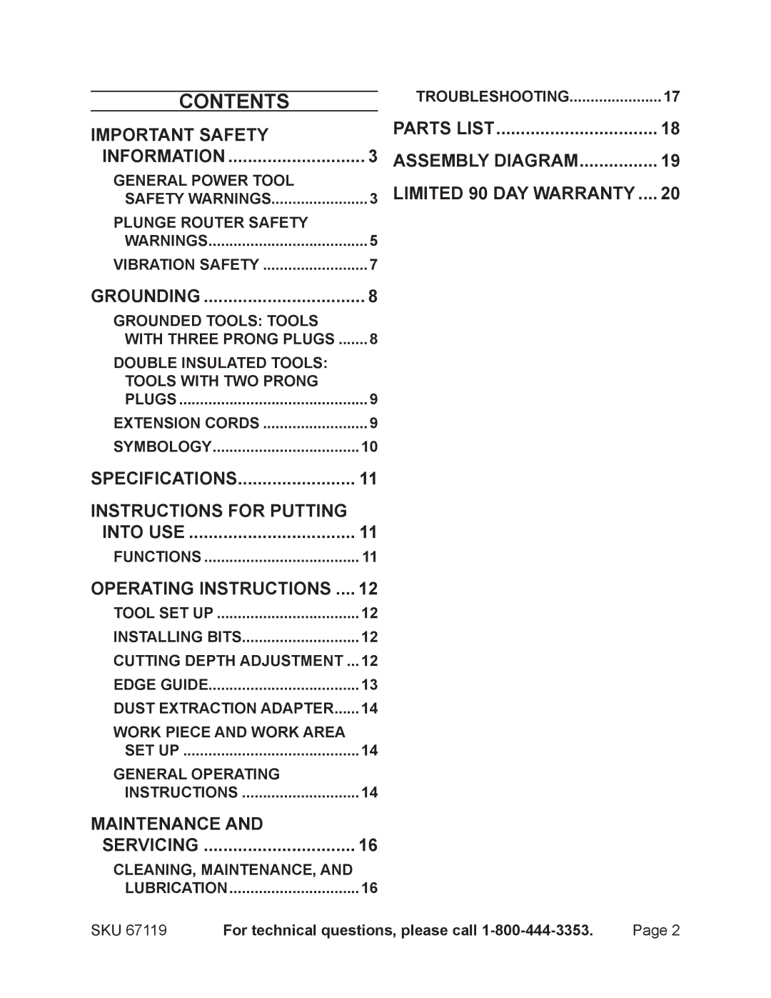 Chicago Electric 67119 operating instructions Contents 