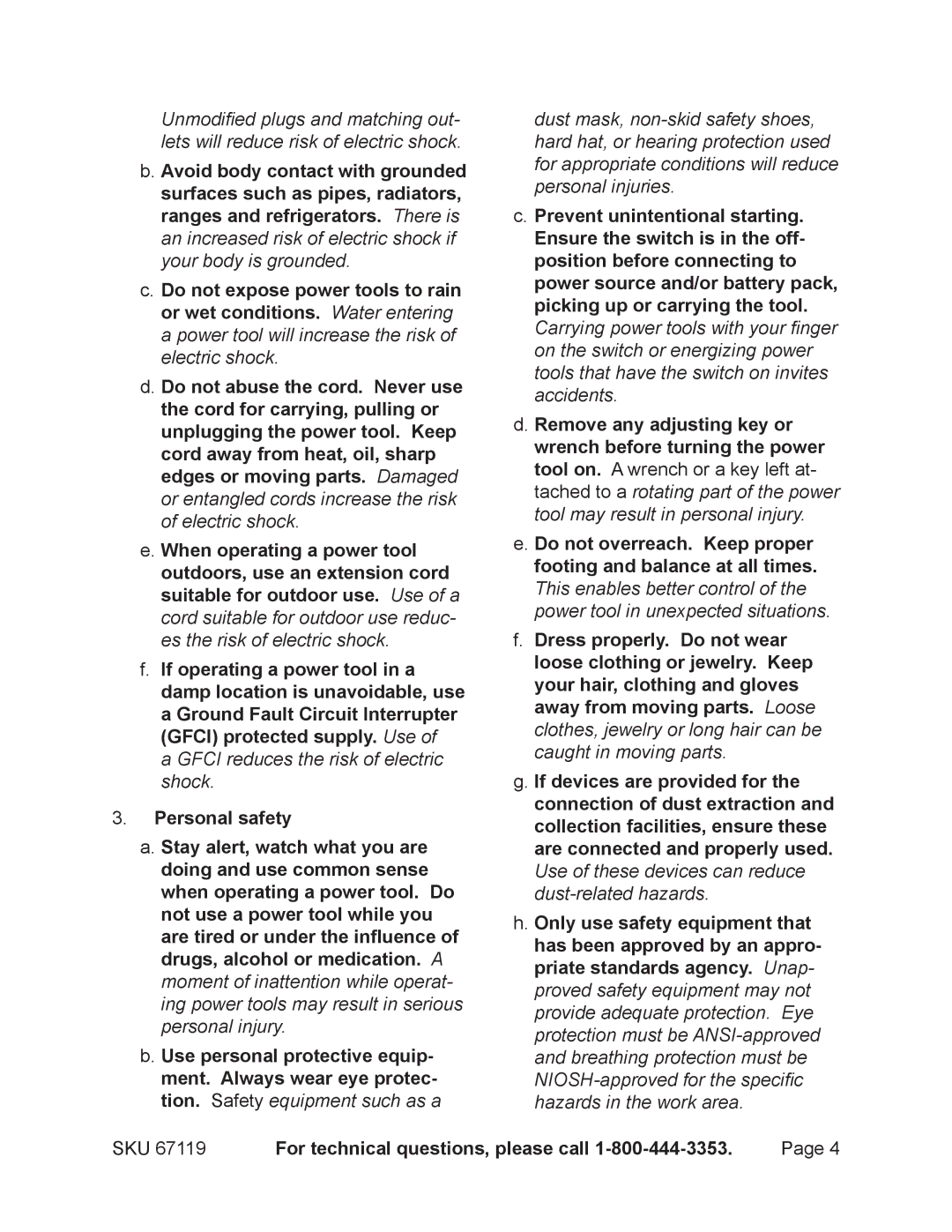 Chicago Electric 67119 operating instructions Gfci reduces the risk of electric shock 