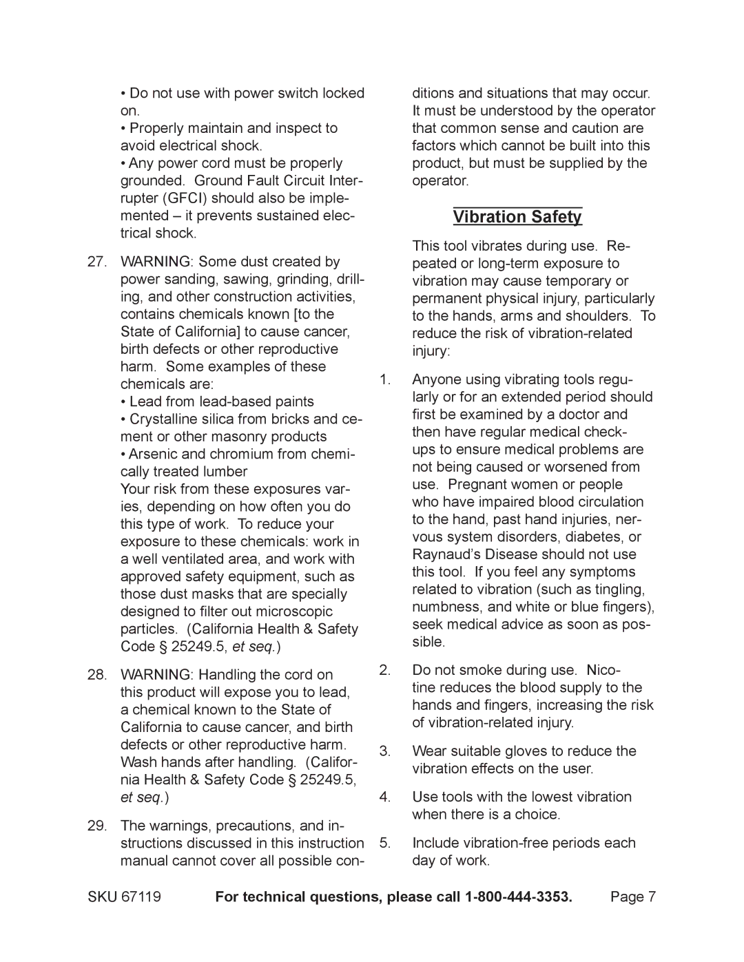 Chicago Electric 67119 operating instructions Vibration Safety 