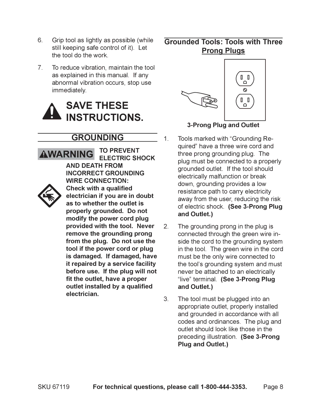 Chicago Electric 67119 operating instructions Grounding, Grounded Tools Tools with Three Prong Plugs, Prong Plug and Outlet 