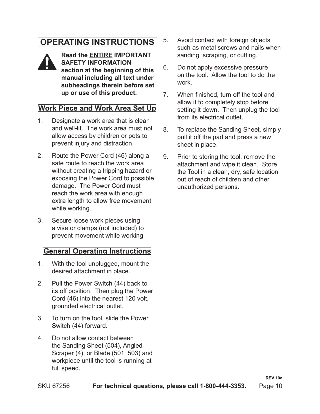 Chicago Electric 67256 operating instructions Work Piece and Work Area Set Up, General Operating Instructions 