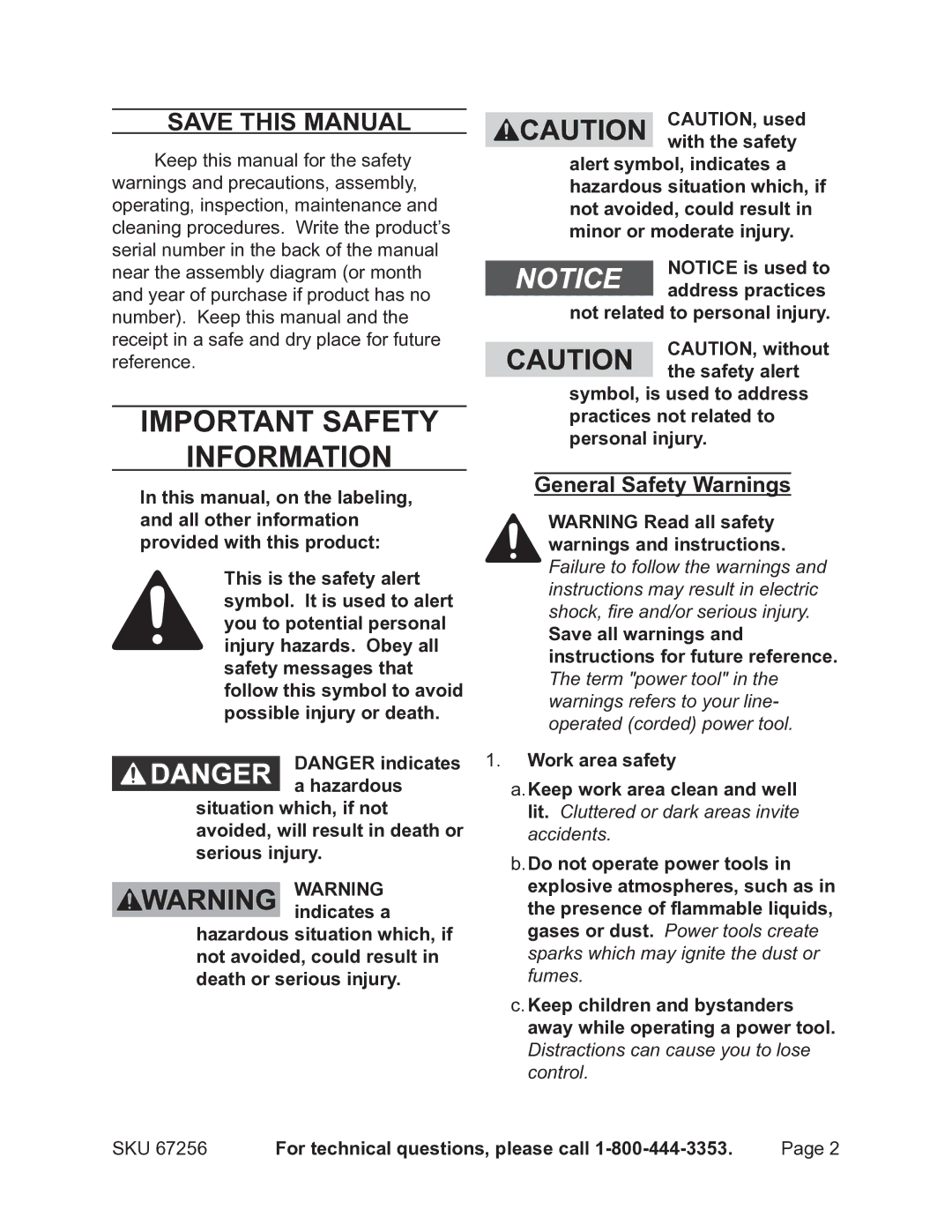 Chicago Electric 67256 Save This Manual, General Safety Warnings, For technical questions, please call 