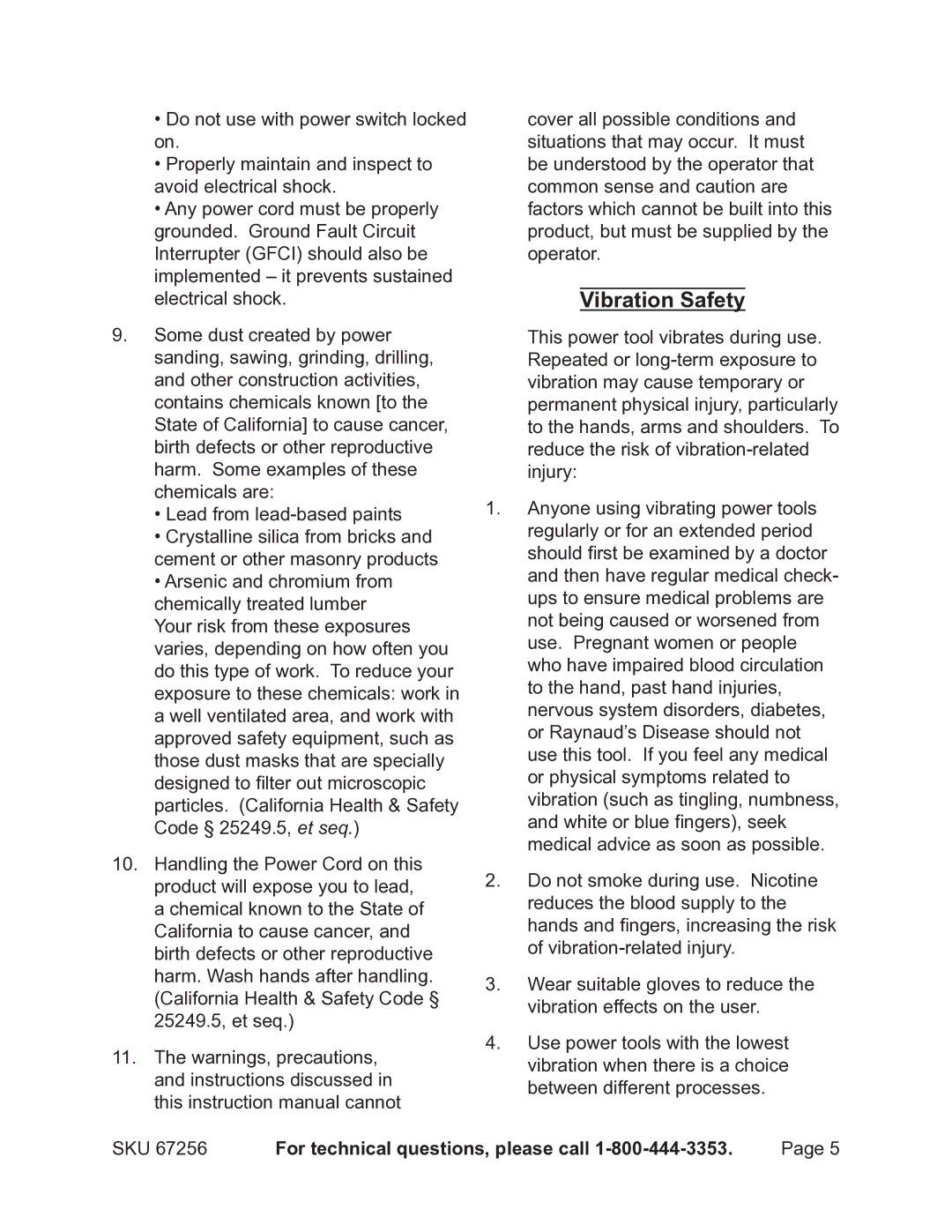 Chicago Electric 67256 operating instructions Vibration Safety 