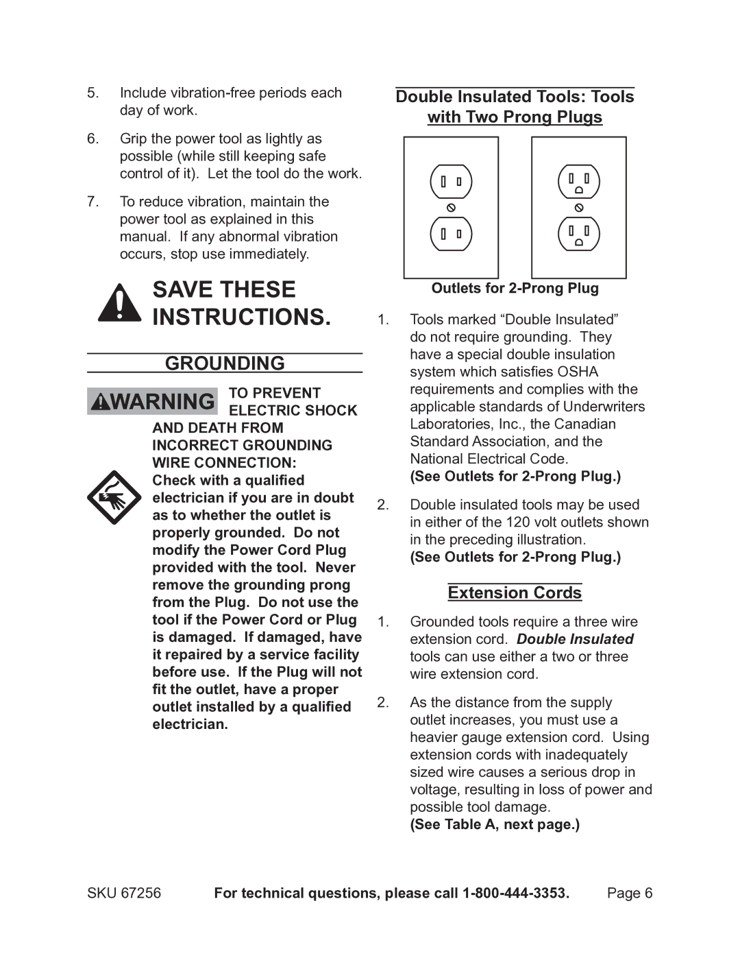 Chicago Electric 67256 Grounding, Double Insulated Tools Tools With Two Prong Plugs, Extension Cords, See Table A, next 