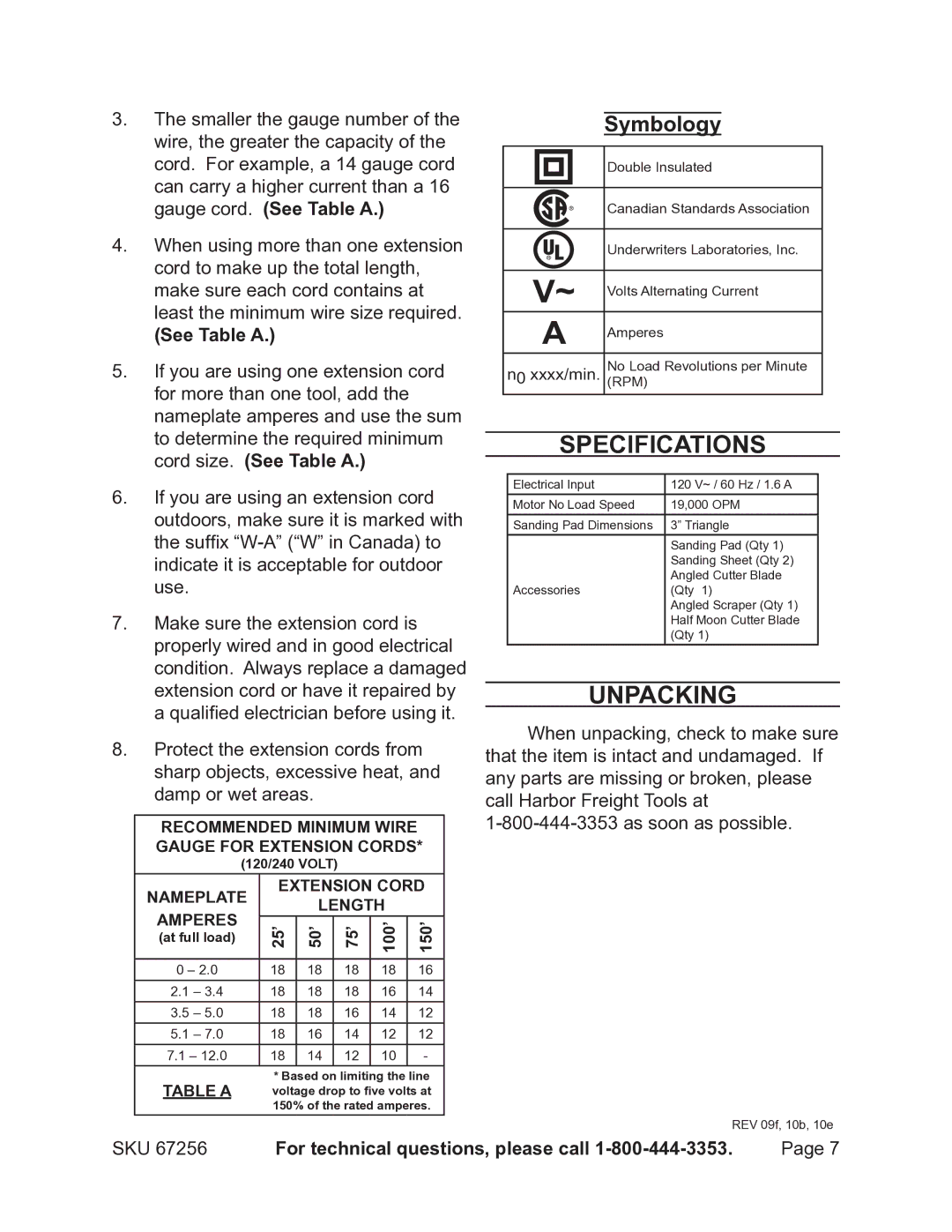 Chicago Electric 67256 operating instructions Specifications, Unpacking, See Table a 