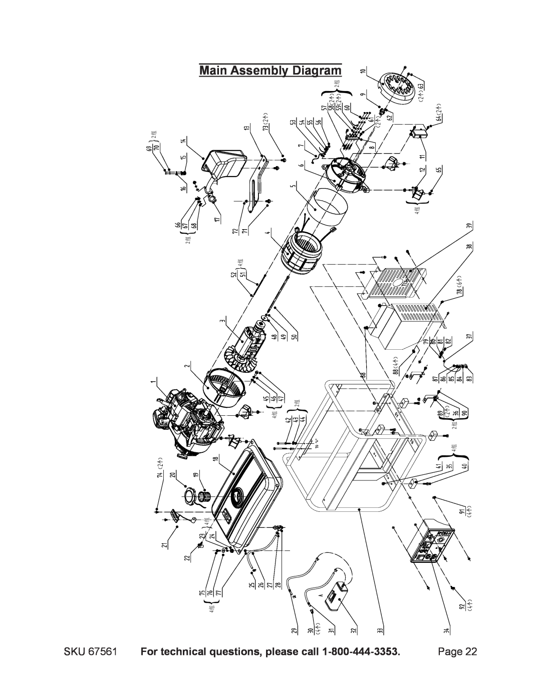 Chicago Electric 67561 manual Main Assembly Diagram, For technical questions, please call,    ,  $ , 72 $ 