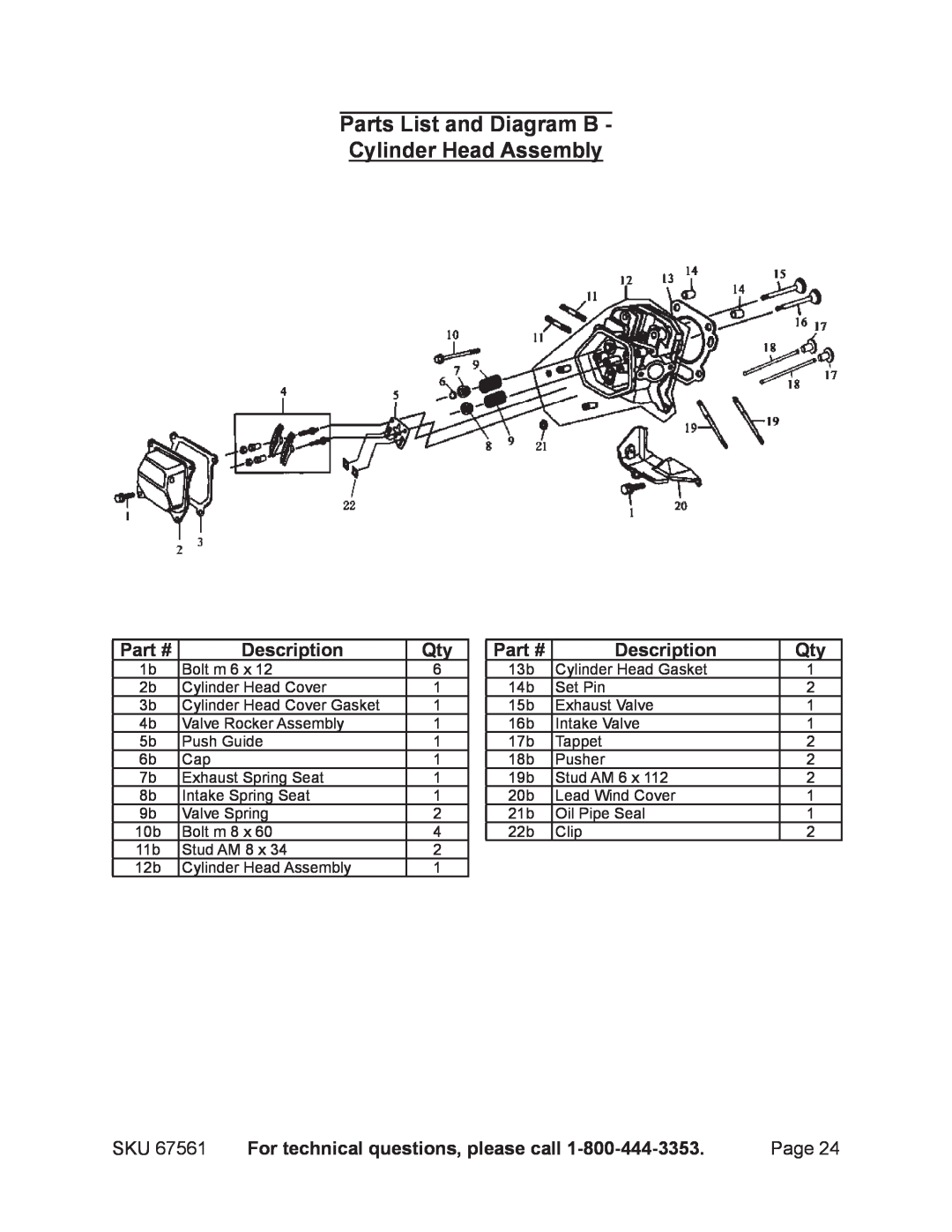 Chicago Electric 67561 Parts List and Diagram B Cylinder Head Assembly, Description, For technical questions, please call 