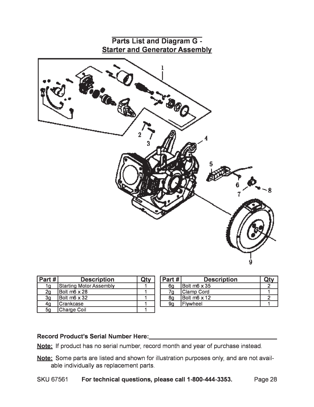 Chicago Electric 67561 manual Parts List and Diagram G Starter and Generator Assembly, Description 