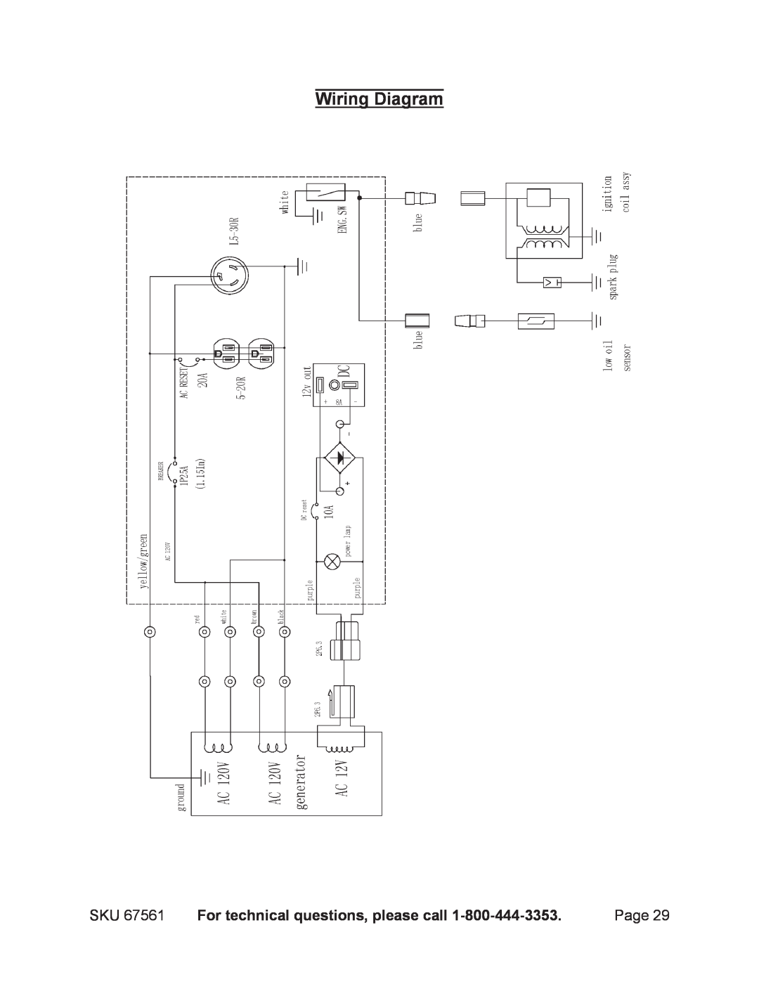 Chicago Electric 67561 manual Wiring Diagram, For technical questions, please call 