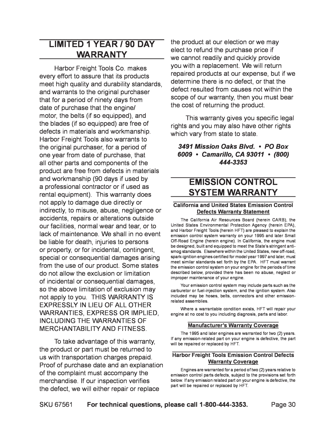 Chicago Electric 67561 manual Limited 1 year / 90 Day warranty, Emission Control System Warranty 