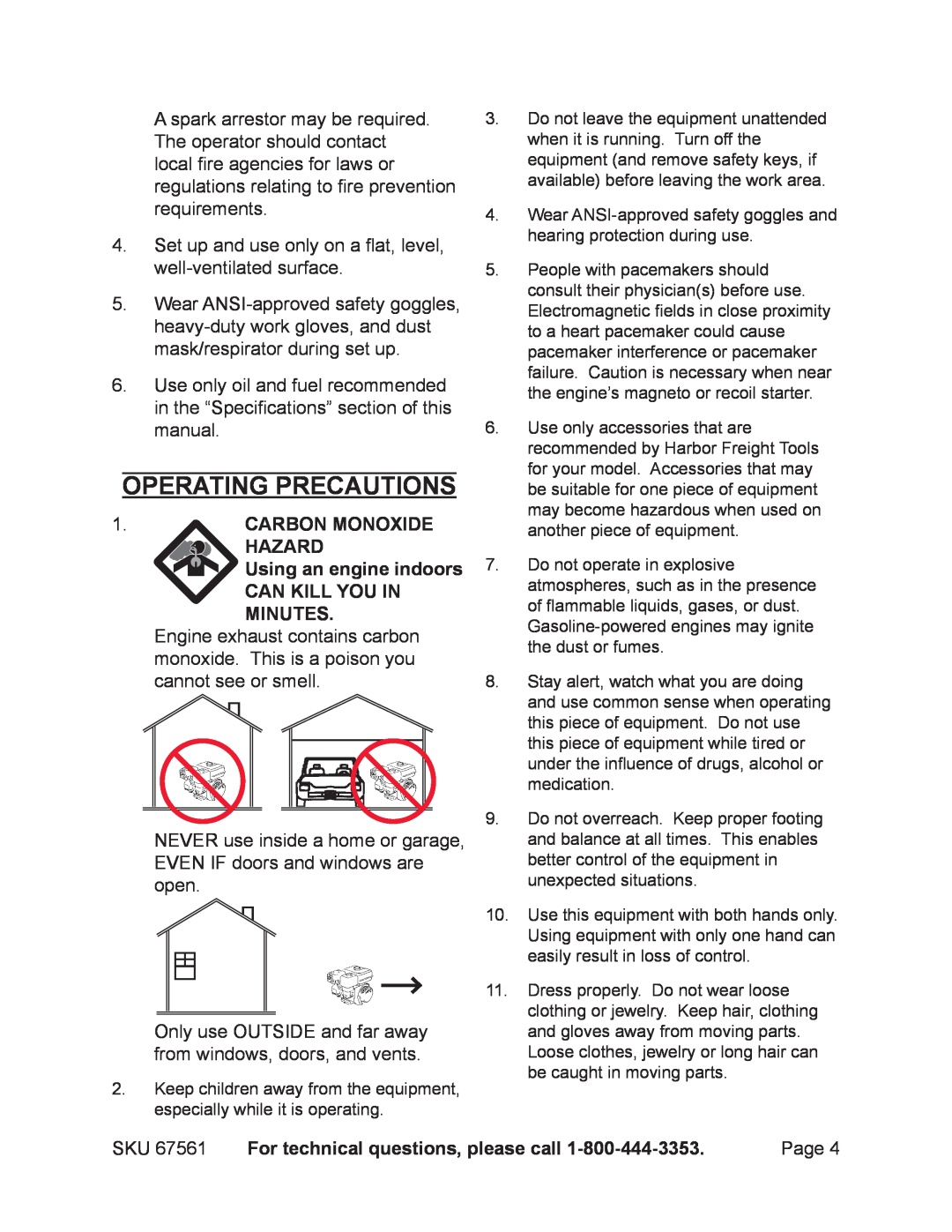 Chicago Electric 67561 Operating precautions, Carbon Monoxide Hazard Using an engine indoors, Can Kill You In Minutes 
