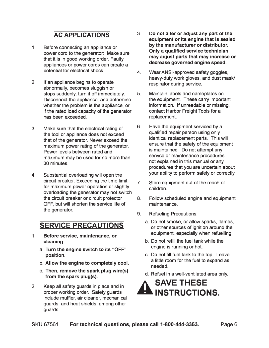 Chicago Electric 67561 manual Save these instructions, Service precautions, For technical questions, please call 