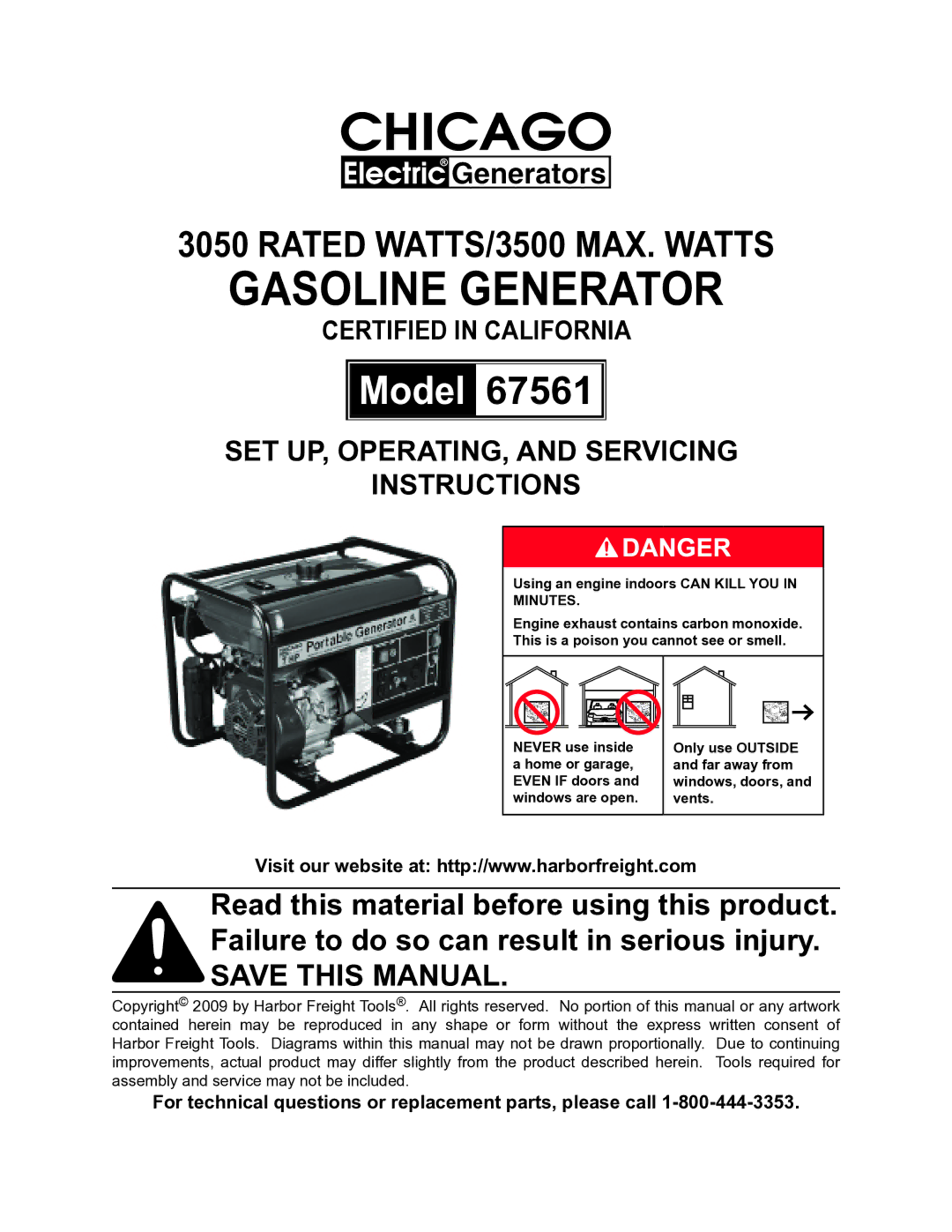 Chicago Electric 67561 manual Gasoline generator, For technical questions or replacement parts, please call 