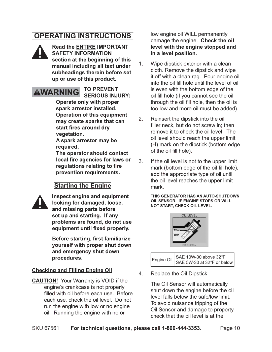 Chicago Electric 67561 manual Operating Instructions, Starting the Engine 