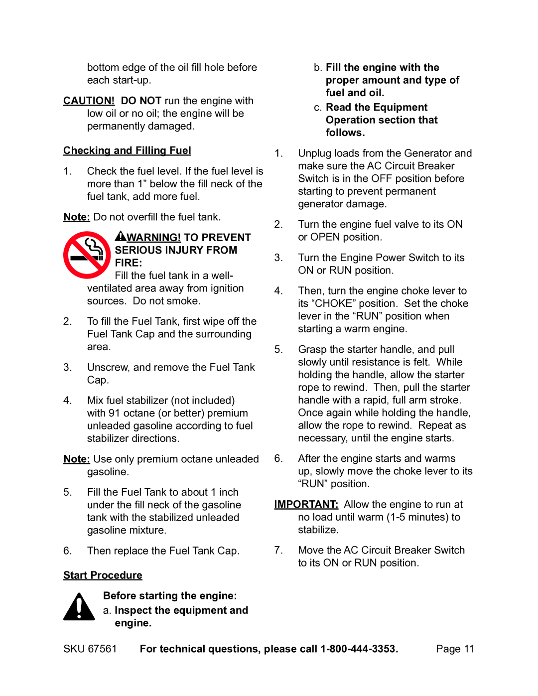 Chicago Electric 67561 manual Checking and Filling Fuel, SKU For technical questions, please call 