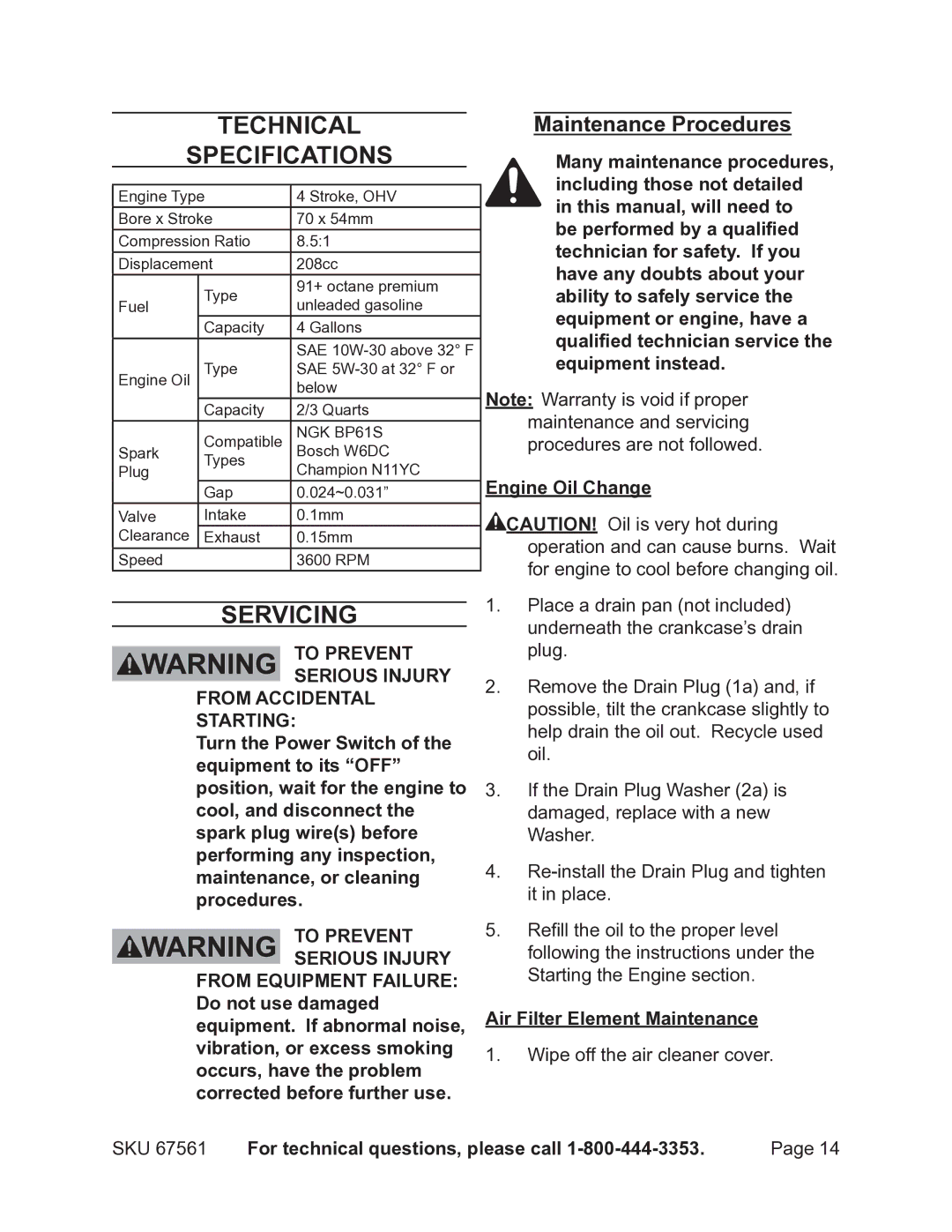 Chicago Electric 67561 manual Technical Specifications, Servicing, Maintenance Procedures, Air Filter Element Maintenance 