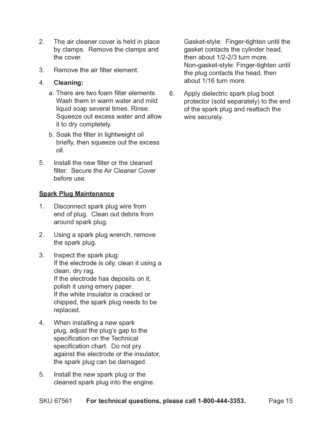 Chicago Electric 67561 manual Cleaning, Spark Plug Maintenance 