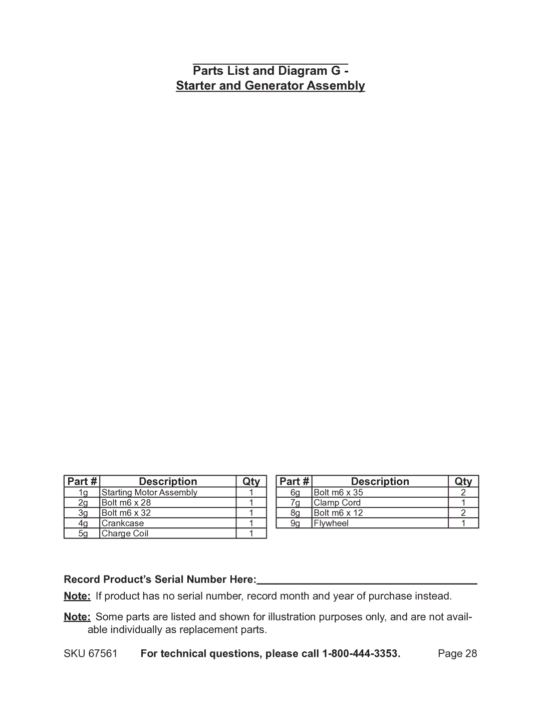 Chicago Electric 67561 manual Parts List and Diagram G Starter and Generator Assembly, Record Product’s Serial Number Here 