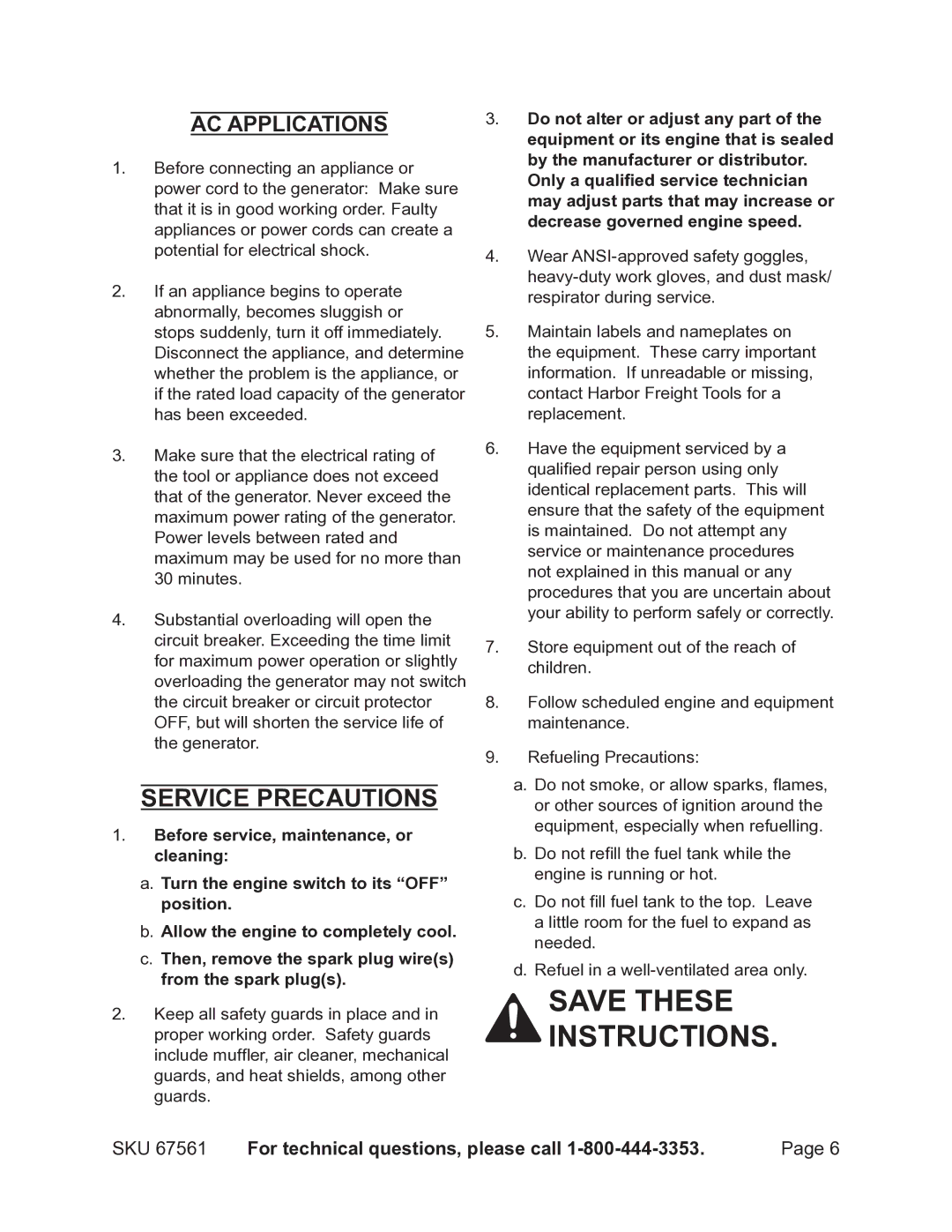 Chicago Electric 67561 manual Service precautions, AC Applications 