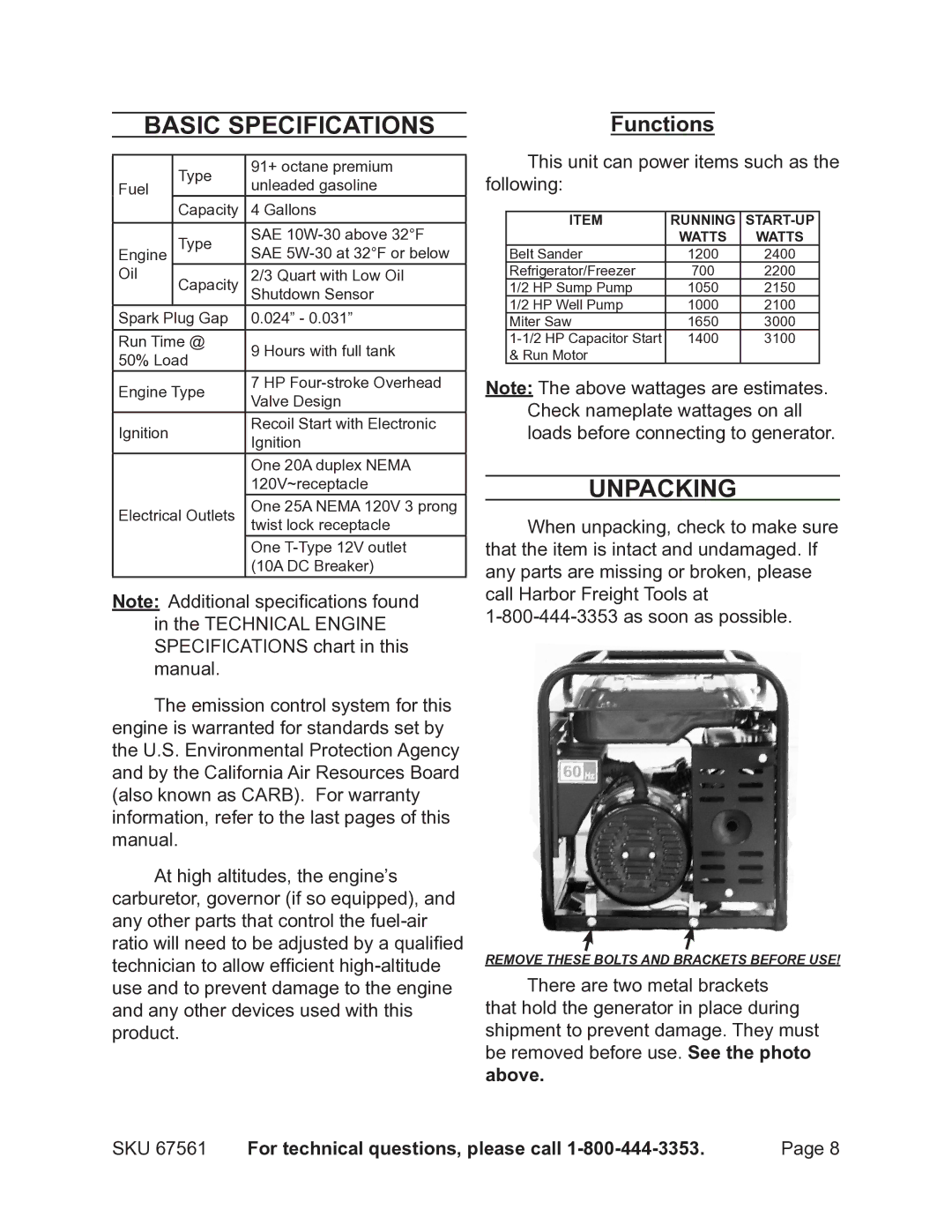 Chicago Electric 67561 manual Basic Specifications, Unpacking, Functions 