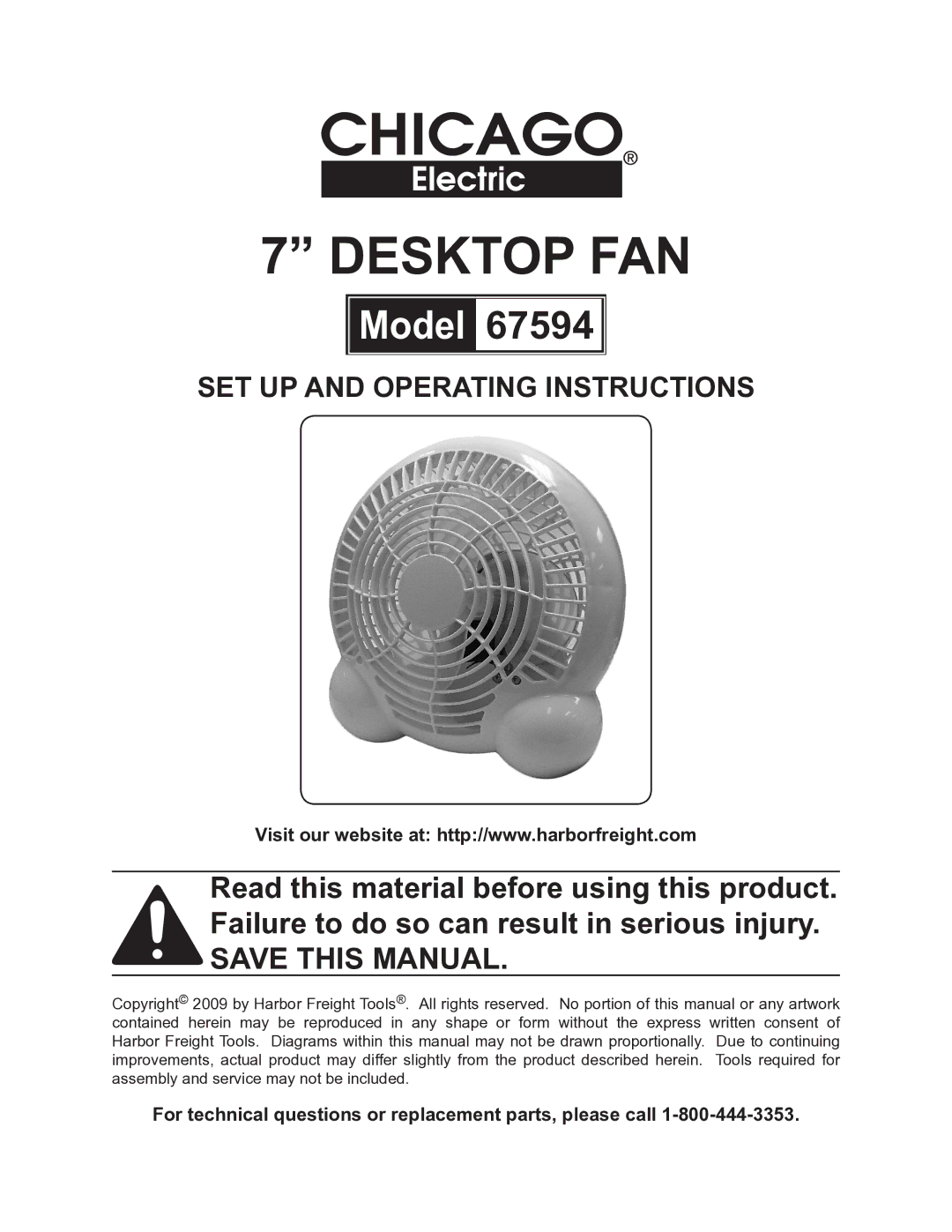 Chicago Electric 67594 manual Desktop FAN 