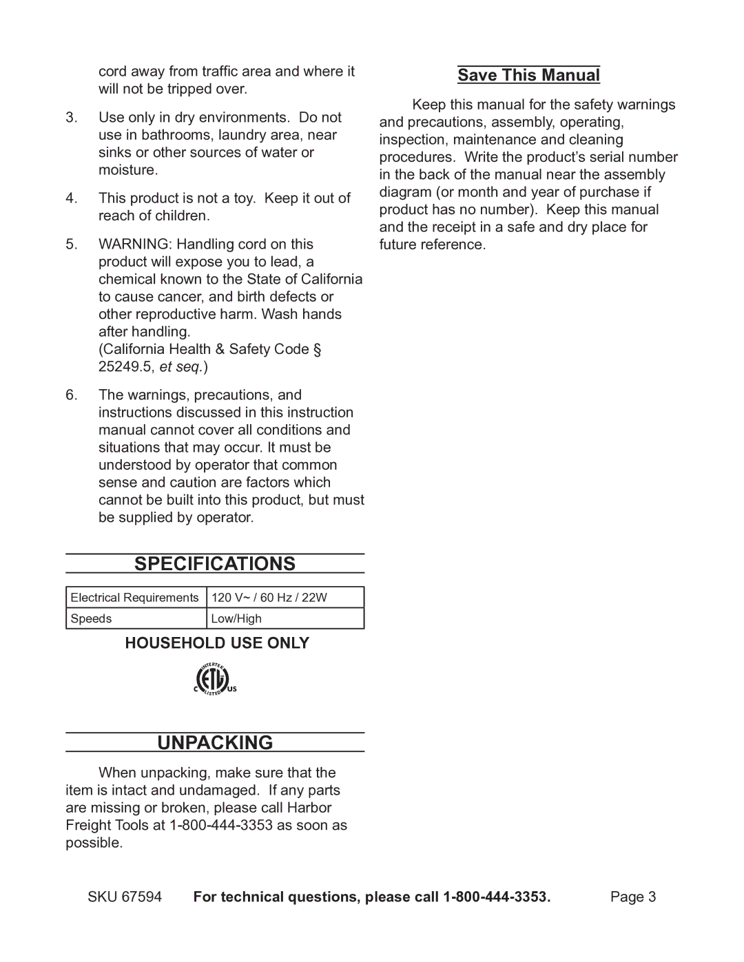 Chicago Electric 67594 manual Specifications, Unpacking, Save This Manual 