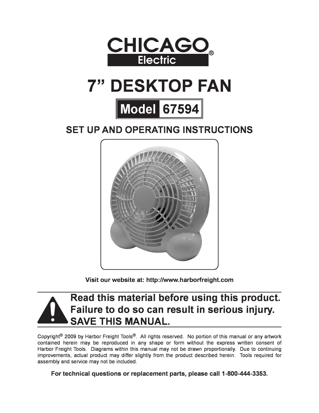 Chicago Electric 67594 manual 7” Desktop FAN, Model, Set up and Operating Instructions 