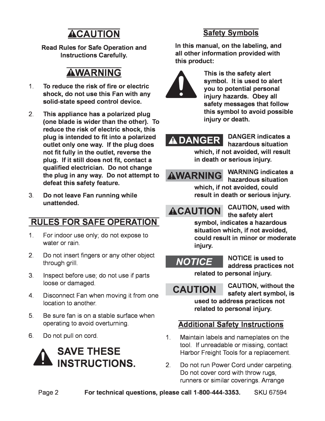 Chicago Electric 67594 Save these instructions, Rules For Safe Operation, Additional Safety Instructions, Safety Symbols 