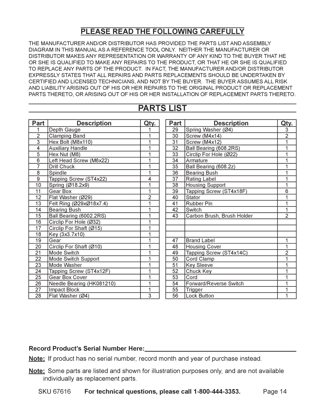 Chicago Electric 67616 operating instructions Parts List, Part Description Qty, Record Product’s Serial Number Here 