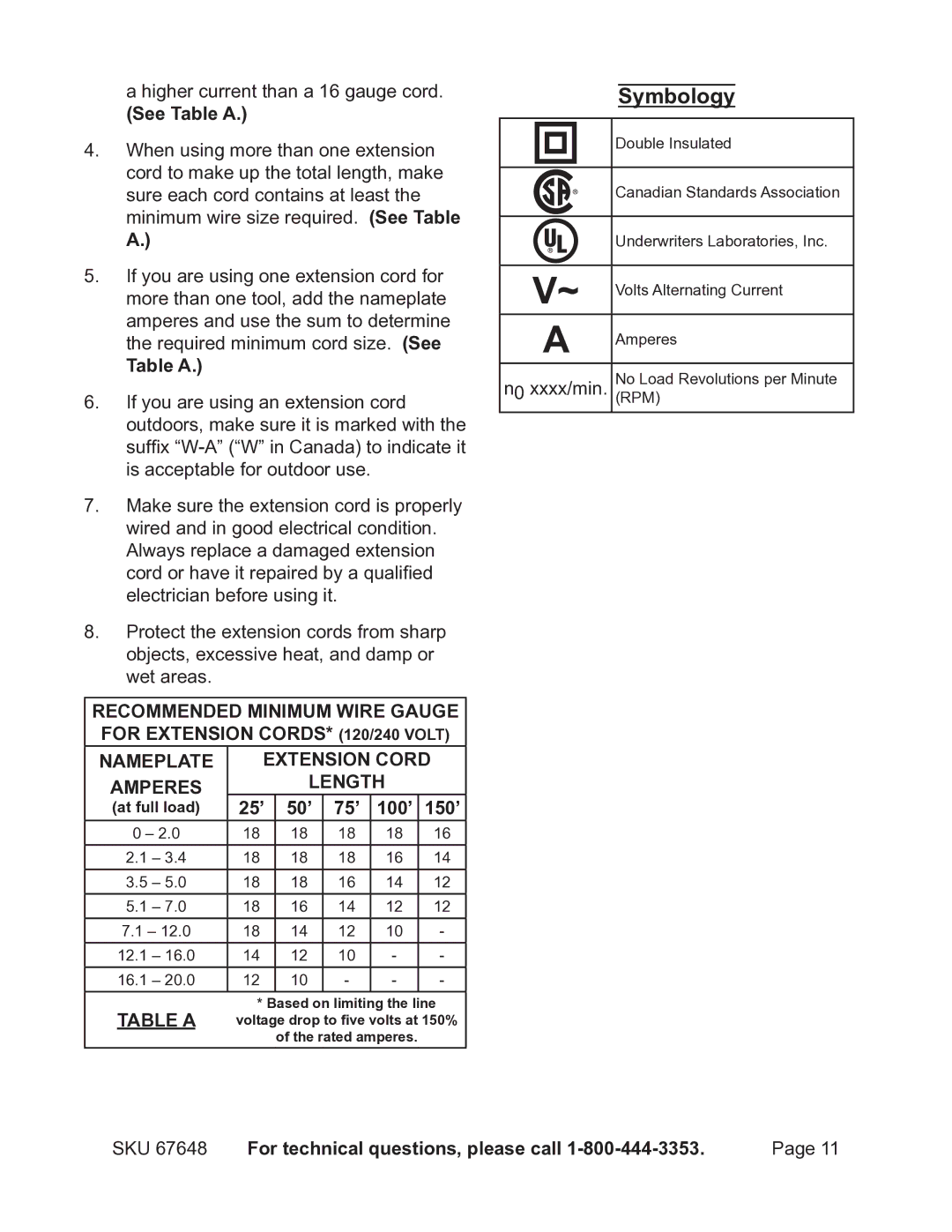 Chicago Electric 67648 Symbology, Table a, 25’ 50’ 75’ 100’ 150’, SKU For technical questions, please call 