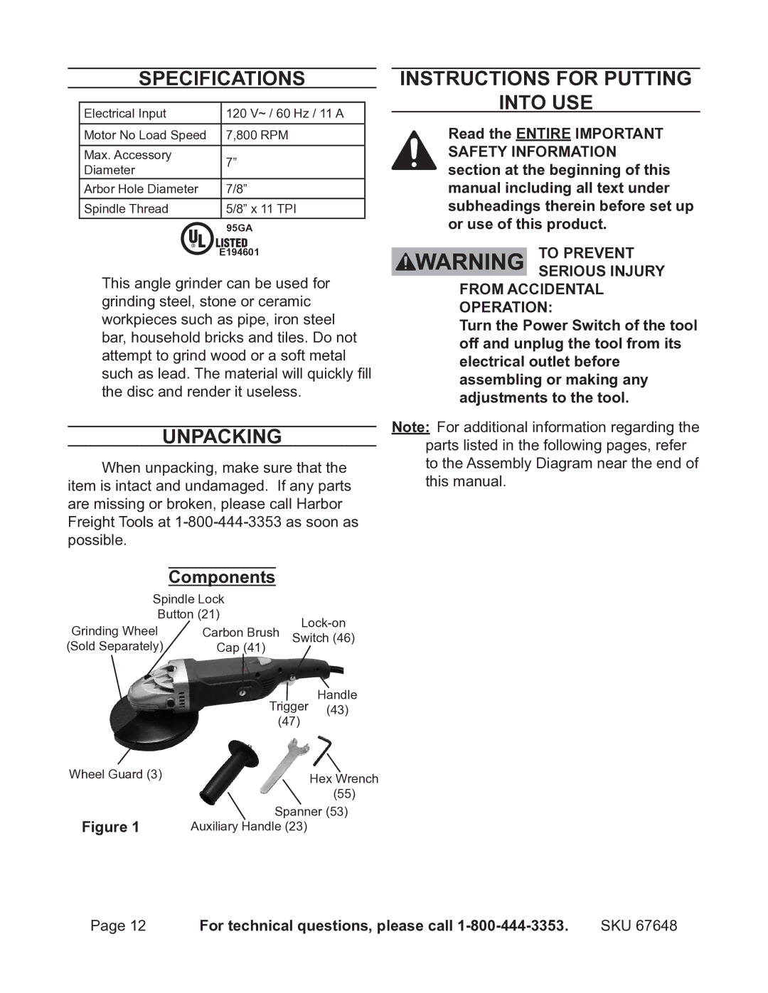 Chicago Electric 67648 operating instructions Specifications, Unpacking, Instructions for putting Into use, Components 