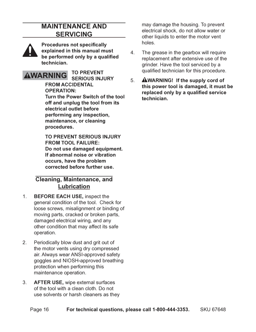 Chicago Electric 67648 operating instructions Maintenance Servicing, Cleaning, Maintenance, Lubrication 